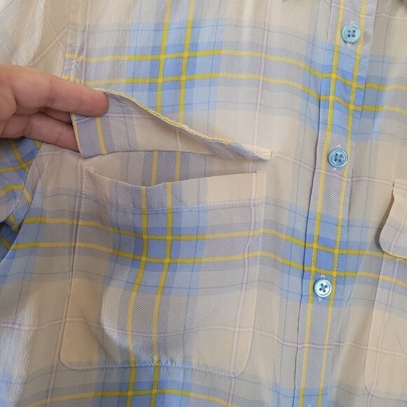 Equipment Femme Blouse Small Button Up Plaid Blue Silk Long Sleeve Preppy Office - Picture 7 of 8